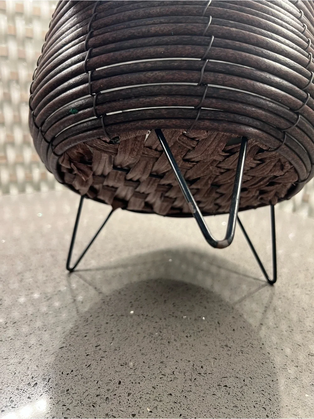 Dark Brown Woven Decorative Planter Bowl with Black Metal Legs